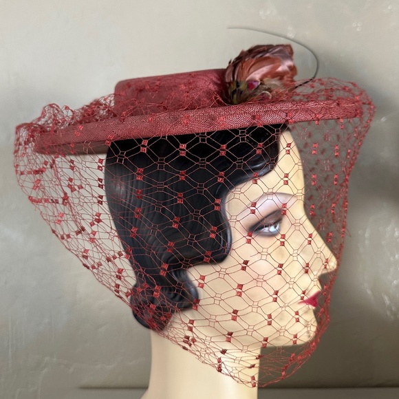 ENCHANTING 1940s\' SALMON COLOR STRAW WIDE BRIM FEDORA WITH MATCHING FULL VEIL main image 12